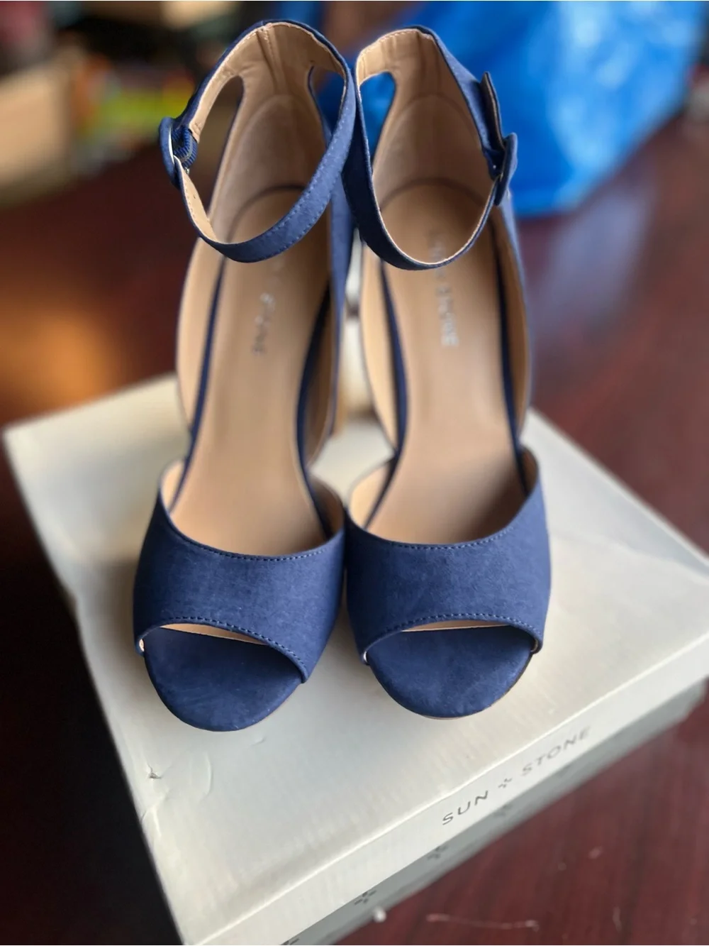 Sun + Stone Navy Suede Peep-Toe Ankle-Strap Platform Heels